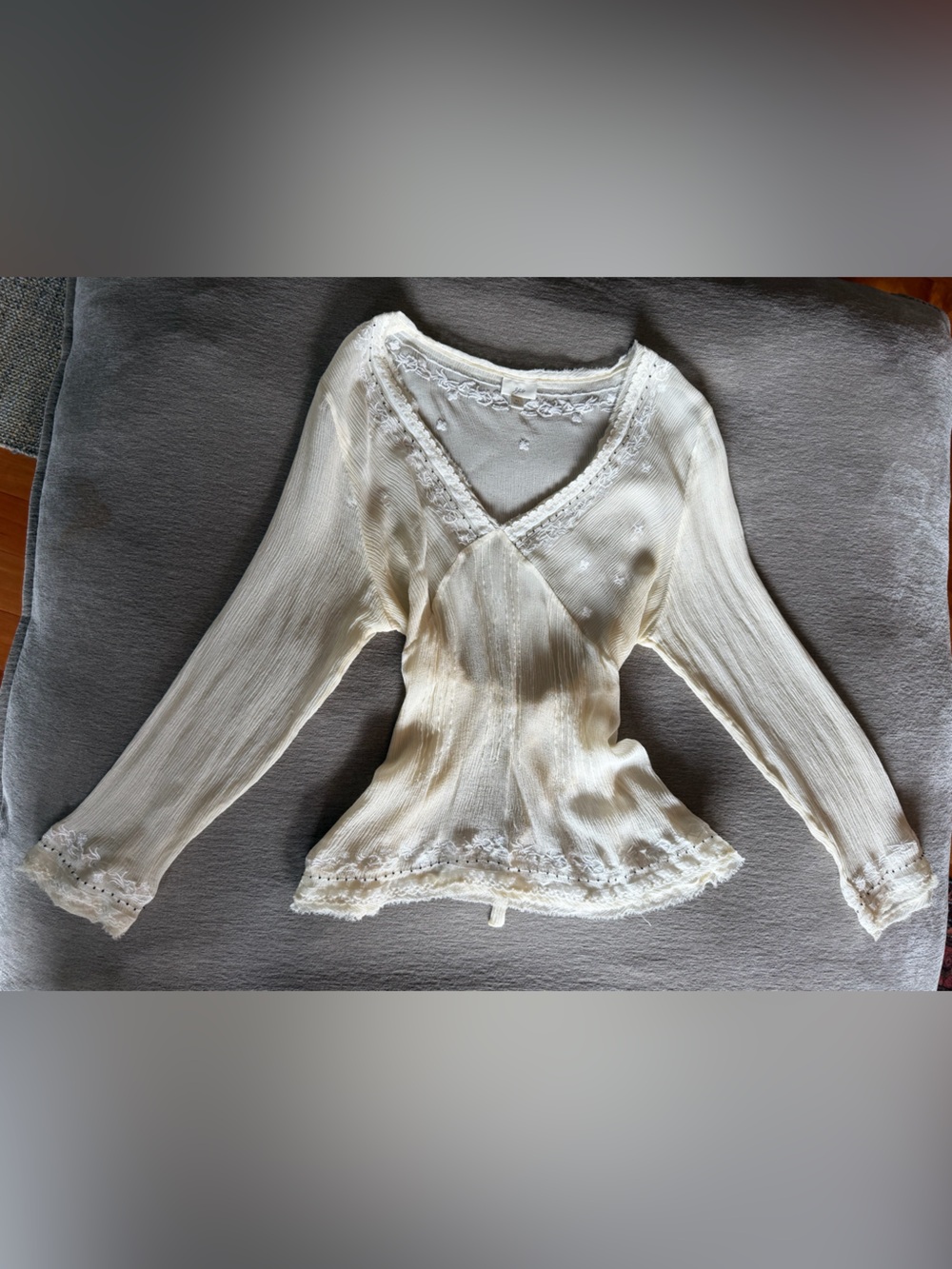 Long sleeve babydoll sheer top with lace accents